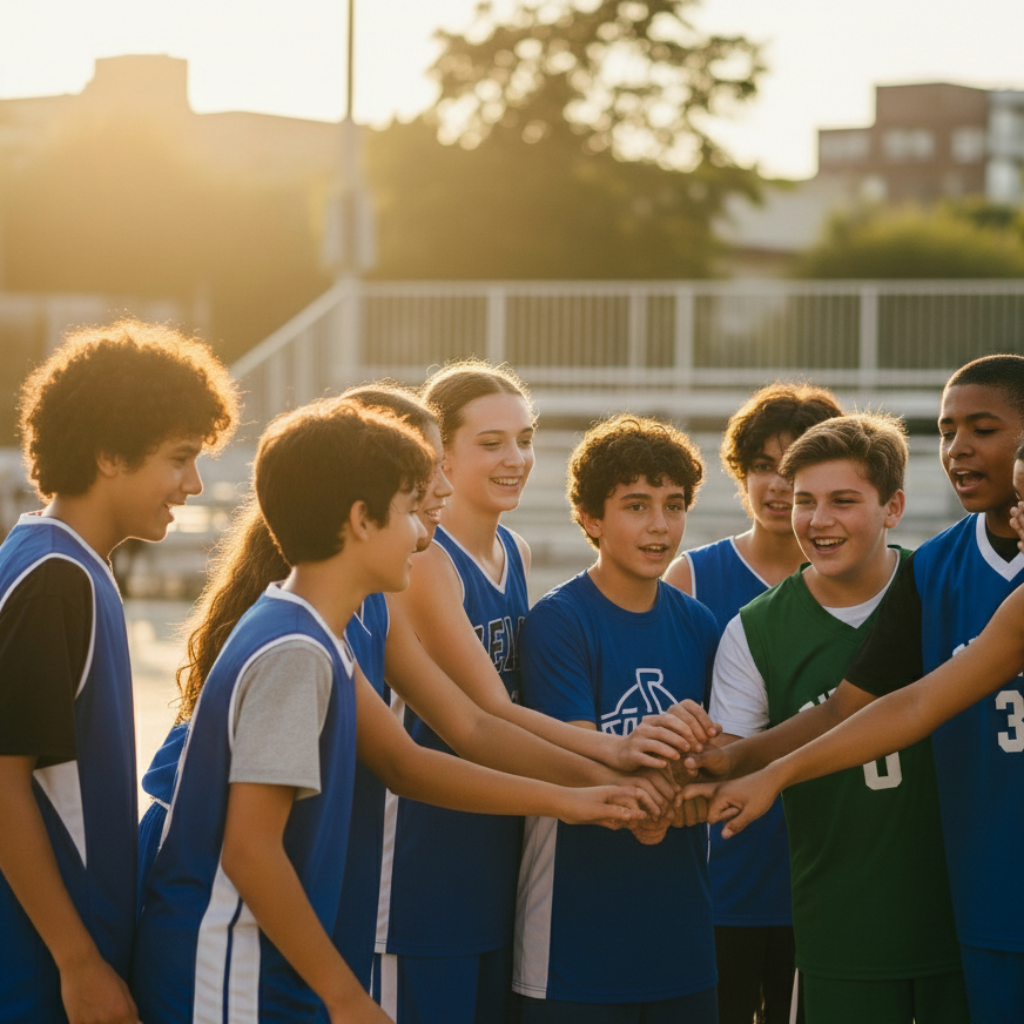 Group of young basketball players training at EXCEED